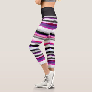 Pink, White and Grey Abstract Stripes Capri Leggings