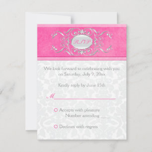 Pink, White, and Grey Damask Reply Card