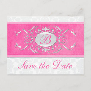 Pink, White, and Grey Damask Save the Date Announcement Postcard