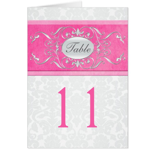 Pink, White, and Grey Damask Table Number Card (Front)