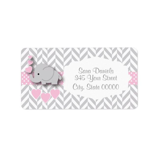 Pink, White and Grey Elephant Baby Shower Label (Front)