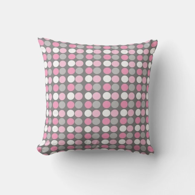 Pink White and Grey Polka Dot Pillow (Front)