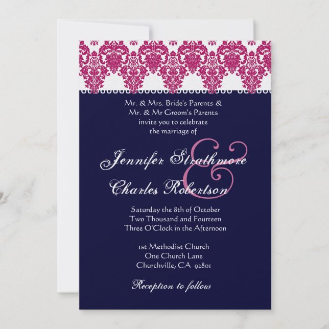 Pink, White and Midnight Damask Wedding Invitation (Front)