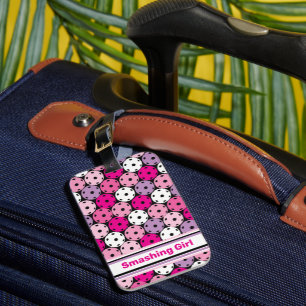 Pink, white and purple pickleballs,   luggage tag