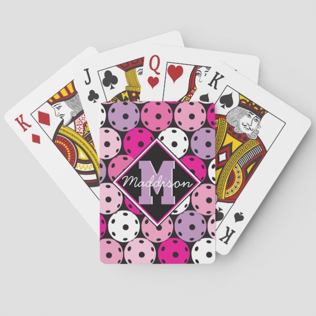 Pink, white and purple pickleballs, with name  playing cards (Back)