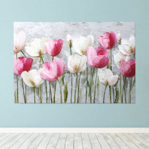Pink, White, and Red Tulips with Green Stems  Canvas Print