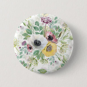 Pink, white and yellow anemones. 6 cm round badge