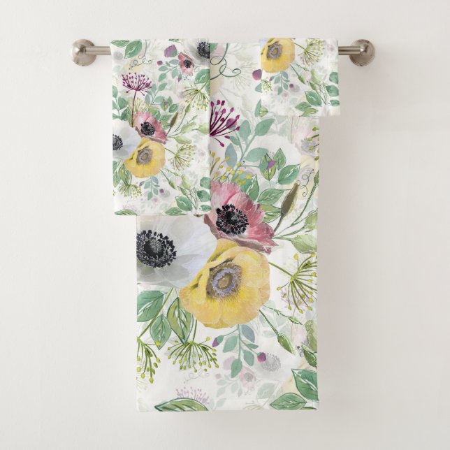 Pink, white and yellow anemones. bath towel set (Insitu)