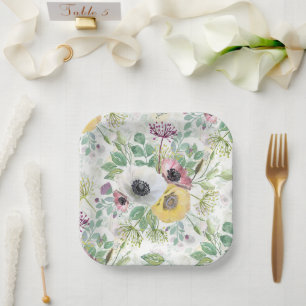 Pink, white and yellow anemones.  paper plates