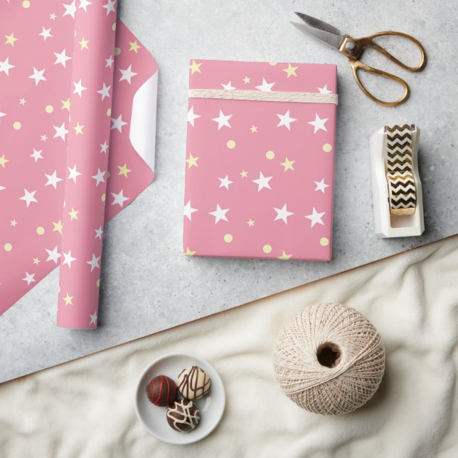 Pink white and yellow with stars wrapping paper (Crafts)
