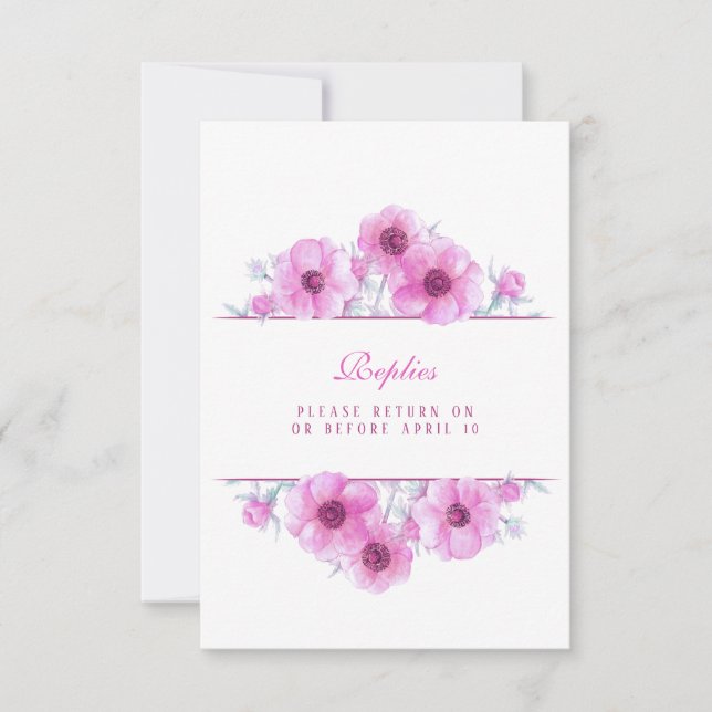 Pink white anemone floral wedding reply RSVP  (Front)