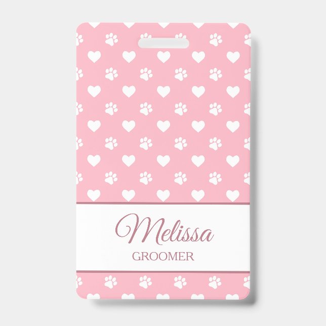 Pink & White Animal Paw Prints and Hearts Monogram ID Badge (Front)