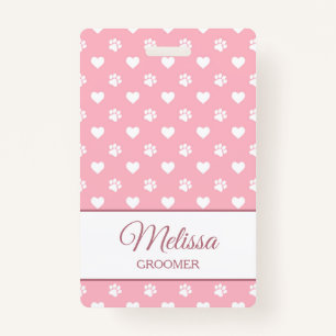 Pink & White Animal Paw Prints and Hearts Monogram ID Badge
