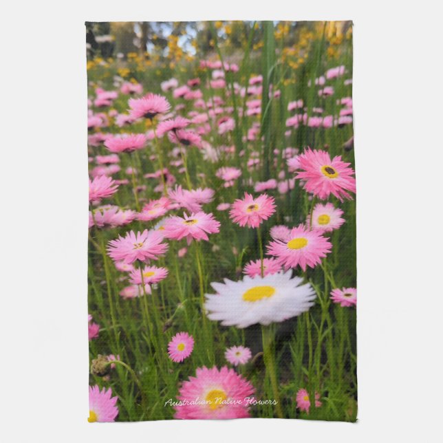 Pink + White Australian Native Meadow Flowers  Tea Towel (Vertical)