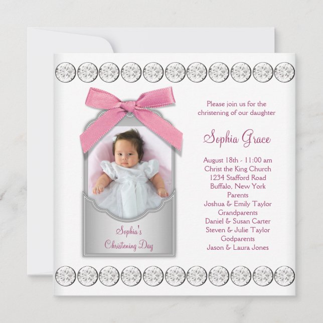 Pink White Baby Girl Photo Christening Invitation (Front)