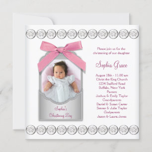 Pink White Baby Girl Photo Christening Invitation