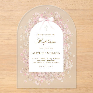 pink white baby's breath flowers Baptism Acrylic Invitations