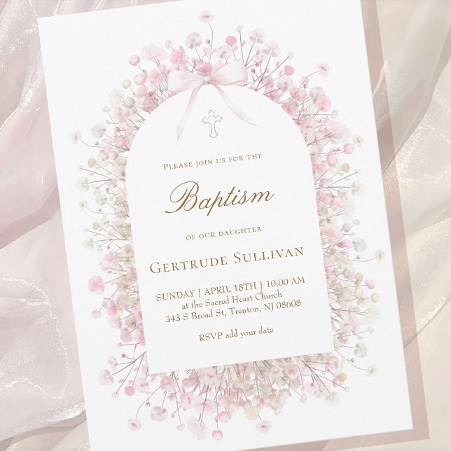 pink white baby's breath flowers Baptism Invitation (Creator Uploaded)
