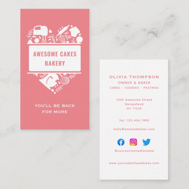 Pink White Baker Bakery Cakes Cookies Pastry Chef Business Card (Front/Back)