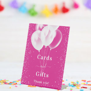 Pink white balloons birthday cards gifts pedestal sign