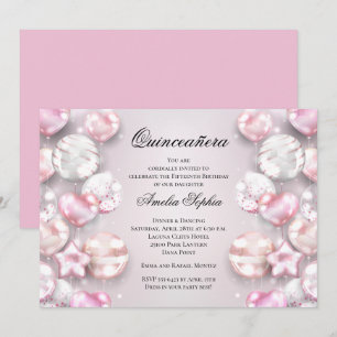 Pink White Balloons Quinceañera Invitation