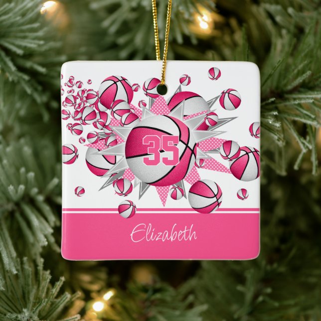 pink white basketball blowout girls sports ceramic ornament (Tree)