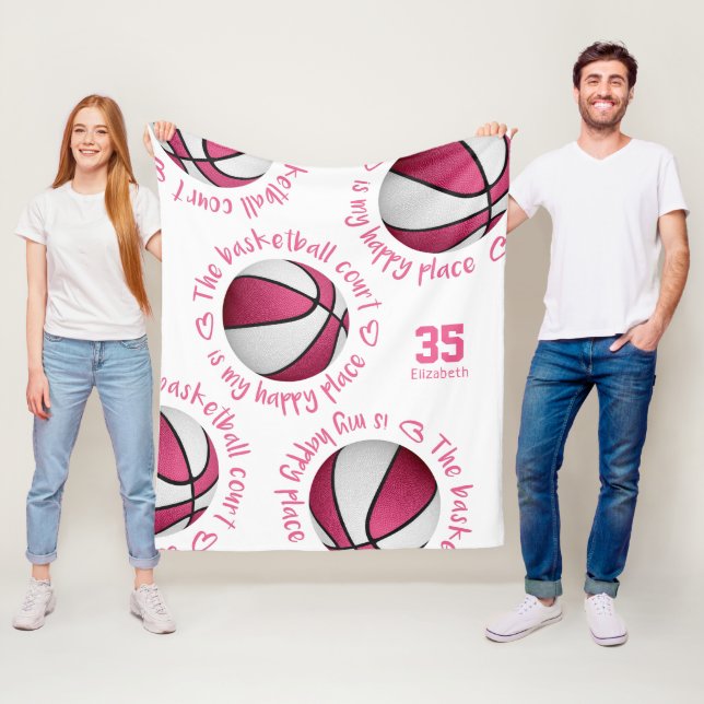 pink white basketball court my happy place girls fleece blanket (In Situ)