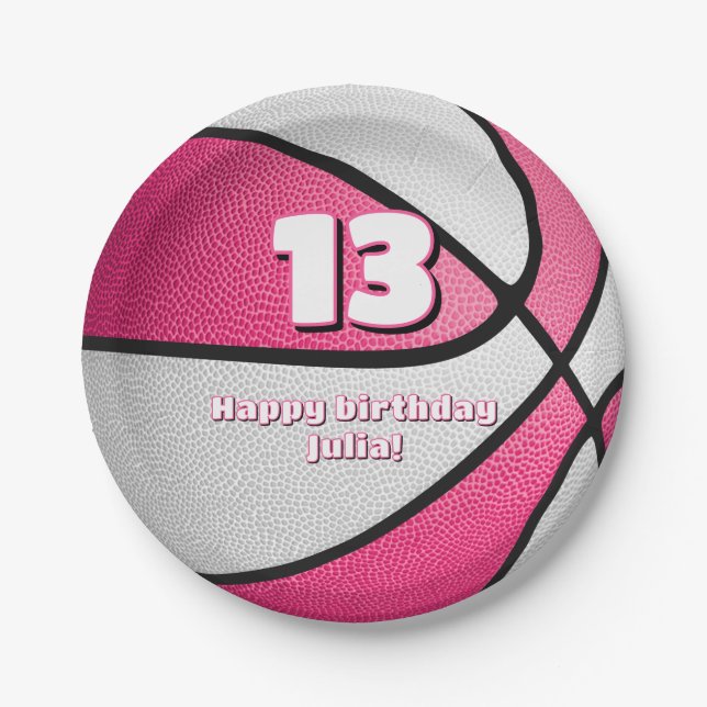 pink white basketball girls sports party paper plate (Front)