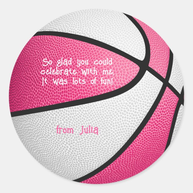pink white basketball girls sports party thank you classic round sticker (Front)
