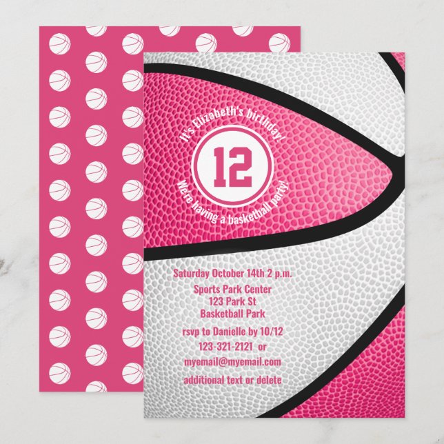 pink white basketball girly birthday party invitation (Front/Back)