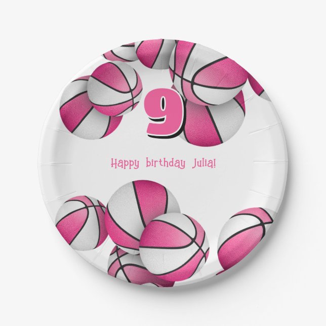 pink white basketballs girls birthday party paper plate (Front)