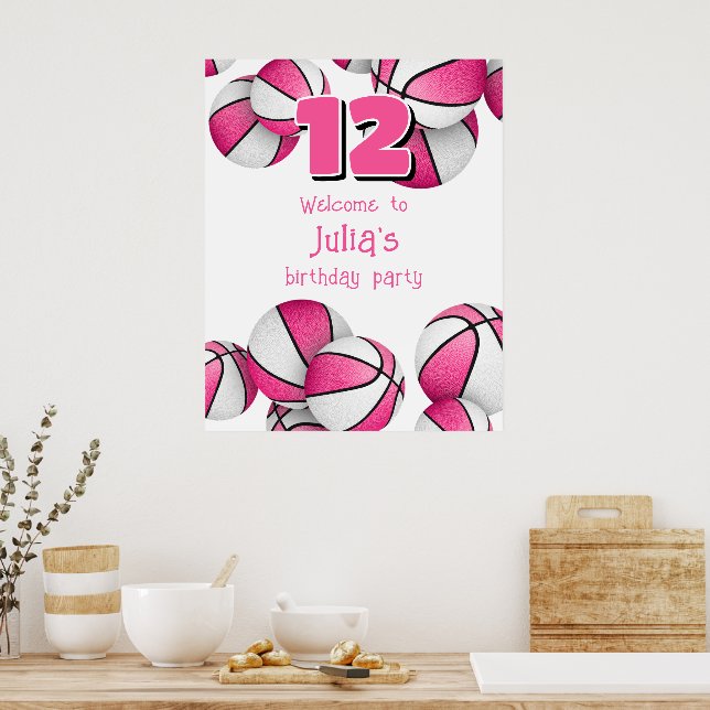 pink white basketballs girls birthday party poster (Kitchen)