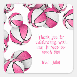 pink white basketballs girls sports birthday party square sticker