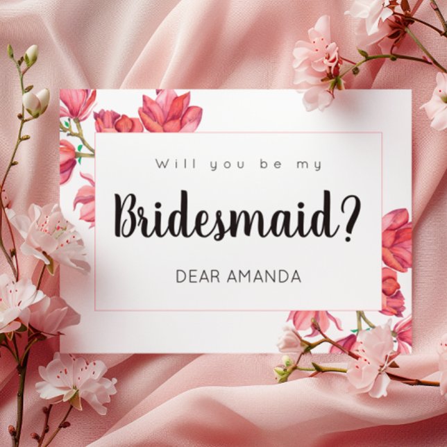 Pink White Be My Bridesmaid Floral Magnolia Card (Creator Uploaded)