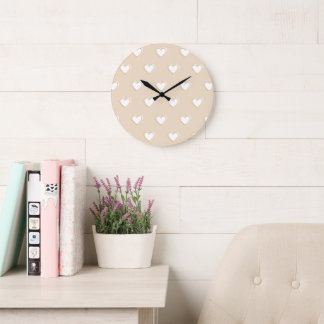 Pink White Beige Cute Simple Heart Pattern Large Clock