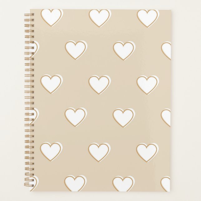 Pink White Beige Cute Simple Heart Pattern Planner (Front)