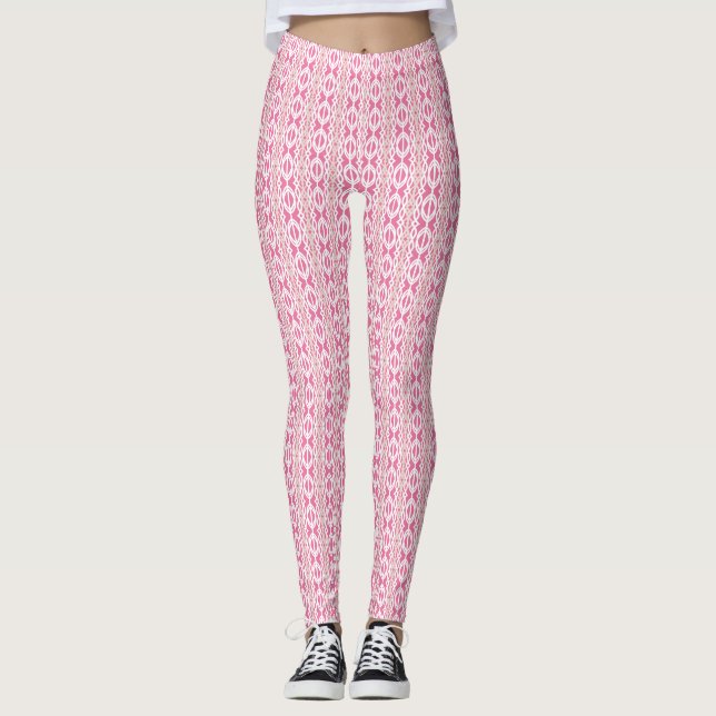 Pink White Beige Deco Chain Pattern Gym Exercise Leggings (Front)