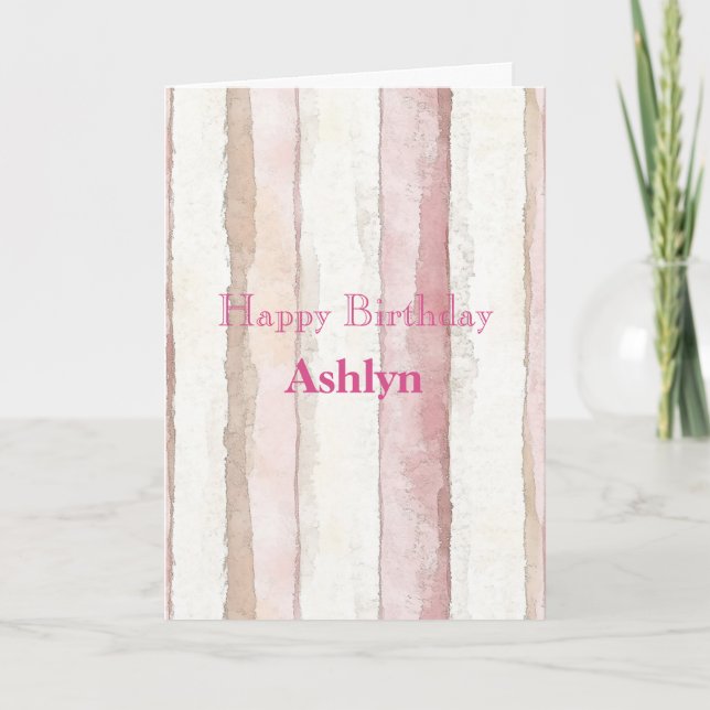 Pink White Beige Stripes Birthday Card (Front)