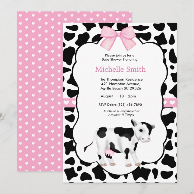 Pink White Black Cow Print Baby Shower Invitation (Front/Back)