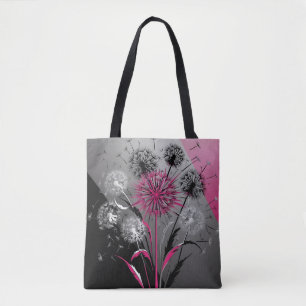 Pink, White Black Dandelions Tote Bag