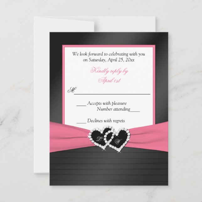 Pink White Black FAUX Pleats Hearts Wedding RSVP Invitation (Front)
