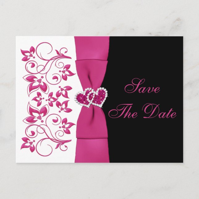 Pink, White, Black Floral Save The Date Post Card (Front)