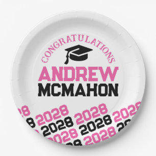 Pink, White & Black Half Repeat Grad Personalized Paper Plate
