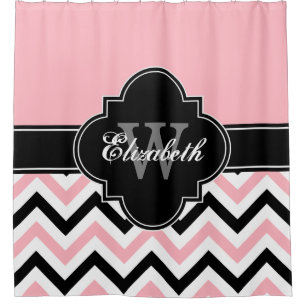 Pink White Black LG Chevron 1ICBR Name Monogram Shower Curtain