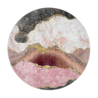 Pink White Black Mauve Gold Glitter Agate Marble Cutting Board