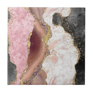 Pink White Black Mauve Gold Glitter Agate Marble Tile