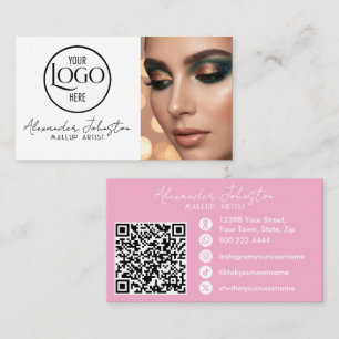Pink White & Black Script Makeup Photo Personalise Business Card