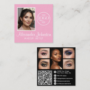 Pink White & Black Script Makeup Photo Personalise Square Business Card