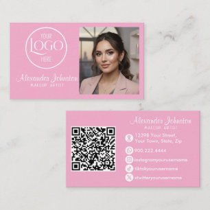 Pink White & Black Script Makeup Photo Personalize Business Card