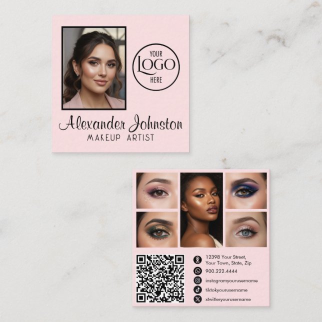 Pink White & Black Script Makeup Photo Personalize Square Business Card (Front/Back)
